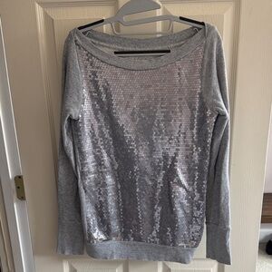 LOFT Gray Sequin Crew Neck Sweater
